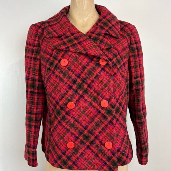 VTG 80s Holt Renfrew Hardy Amies Womens M Plaid Double Breasted Blazer Jacket Re - Picture 1 of 15